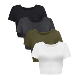4 Pack Women's Basic Tight Short Sleeve Women Cute Trendy Crop Tops Scoop Neck Crop for Women or Teen Girls (Black,White,Dark Gray,Army Green,Small)