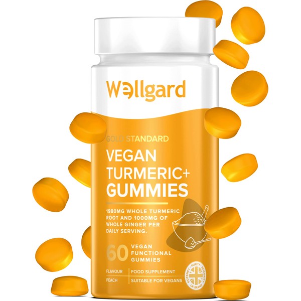 Vegan High Strength Turmeric Gummies with Ginger by Wellgard – 1980MG Chewable Turmeric Gummies, Turmeric Curcumin Supplement, 60 Gummies, Peach Flavour