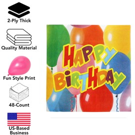 Iconikal 48-Count Happy Birthday Balloons Party Napkins, Dinner Size Disposable Paper Napkins