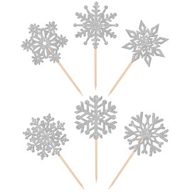 24 piezas de adornos de copos de nieve con purpurina para cupcakes con temática de copo de nieve congelado para invierno, el país de las maravillas, baby shower, niños, cumpleaños, fiesta de Navidad, decoración de pasteles, suministros de plata
