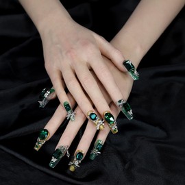 ArtiPrint Press on Nails Set with Emerald Green Large Rhinestones Butterfly Easy to Apply & Gentle on Nails, Women’s Dramatic Cosplay, Gift Box Included(DM024, M)