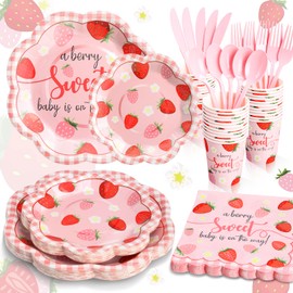 Gudvilla Strawberry Baby Shower Decorations for Girl, Baby Shower Plates and Cups and Napkins Sets Serves 24, Strawberry Plates, A Berry Sweet Baby Is On The Way Decorations, Berry Sweet Baby Shower