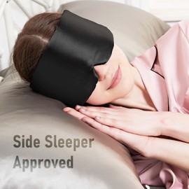 SOLZEK Nature Silk Sleeping Mask Soft Featherweight Eye Mask Large Wrap-Around Blindfold with Adjustable Velcro Blackout for Wild Sleeper Nose Cut (Black)
