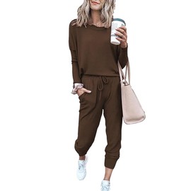 Paintcolors Women's 2 Piece Outfit Long Sleeve Crewneck Tracksuit Solid Color Sweatsuit Lounge Matching Set with Pockets, Coffee_c19, Large