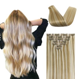 FUOTONBUTY Clip in Hair Real Human Hair Double Stitched 7pcs Caramel Blonde to Bleach Blonde Human Hair Clip in Extension Seamless Clip in Hair Extensions 90g Invisible Clip in Hair Extensions 18 Inch