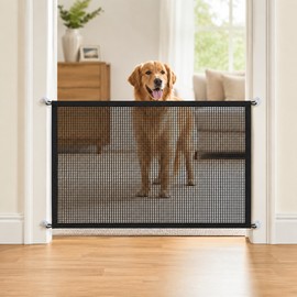 Pet Barrier Gate for Dogs – Foldable Breathable Mesh Fence with 4 Hooks for Stairs, Doorways & Indoor Spaces
