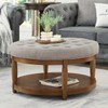 24KF Upholstered Round Coffee Table with Wooden Shelf, Tufted Button