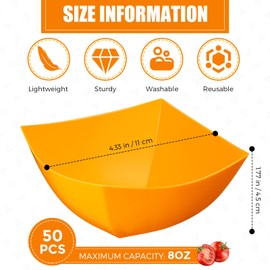 Tanlade 50 Pcs Square Plastic Serving Bowls Disposable Snack Salad Bowl Small Party Candy Bar Containers Taco Bar Serving Dishes for Buffet Chips Fruit (8 oz,Orange)