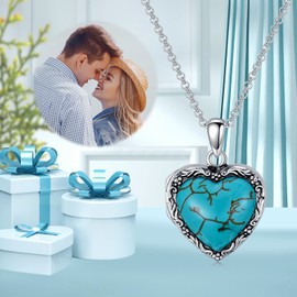 BETHZA 925 Sterling Silver Turquoise Heart Locket Necklace for Women That Holds Pictures Photo Jewelry Birthday Gifts for Women Mom Wife Girlfriend