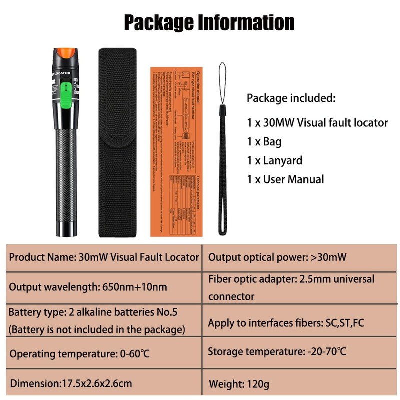 LIAYTRSS Fiber Optic Tester 30mW 30km FTTH Visual Fault Finder