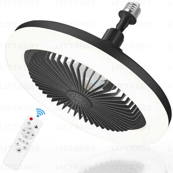 Socket Fan Light with Remote Control, 3 Colors 3000K-6500K Dimmable