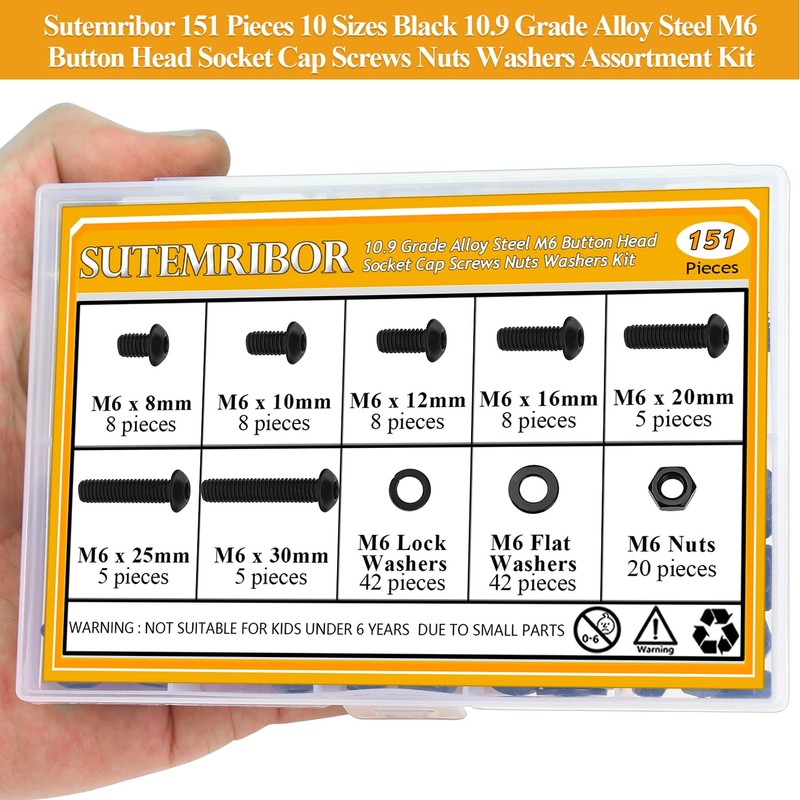 151 Pieces M6 Screws Nuts Washers Set Black, Sutemribor M6