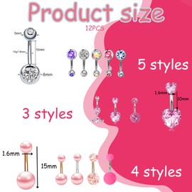 12 PCS Belly Button Bars Safe to Wear Sparkling Belly Button Piercing Belly Bars Belly Button Piercing Stainless Steel Belly Ring Belly Piercing Navel Bar Belly Button Rings Belly Button jewellery