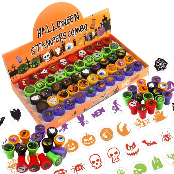 FINGOOO Halloween Stamps for Kids, 50 Pcs Self-Ink Stamps Halloween