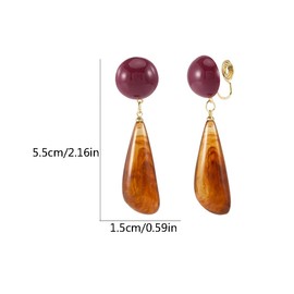 Vintage Brown Teardrop Round Disc Clip On Statement Dangle Drop Earrings for Women Non Piereced Ear Hypoallergenic Resin Waterdrop Fake Dangling Lightweight Fashion Jewlery Gift
