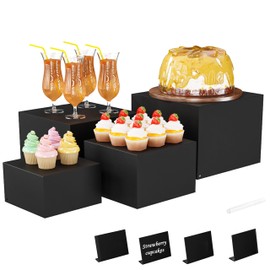 Metal Buffet Risers,4PCS Food Risers for Buffet Table 5in to 8in Display Stand with Mini Acrylic Signs for Catering Dessert Collectibles Jewelry Figures Show Matte Black Cube Boxes Nesting Risers with Hollow Bottoms