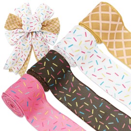 JarThenaAMCS Sprinkle Ice Cream Wired Edge Ribbons Summer Colorful Pink Fabric Wrapping Ribbons for Wreath Bow Making DIY Crafts Supplies, 4 Rolls, 24 Yard