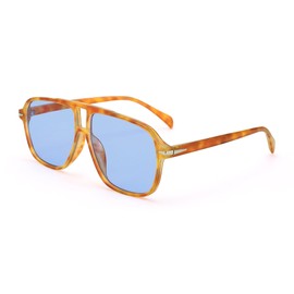 COASION Retro Pilot Sunglasses for Women Men Classic Rectangular Double Bridge Glasses Plus Size 70s Vintage Eyewear UV400 Protection, Tortoiseshell Frame / Blue Tinted Lenses