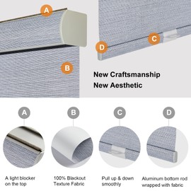 Persilux Free-Stop Cordless 100% Blackout Shades for Window Roller Shades with Texture Fabric UV Protection Thermal Insulated Roller Blinds for Window Treatment for Home (22" W x 48" H, Bluish Grey)