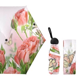 Pink Roses with Green Leaves and Butterfly Floral Pattern Small Mini Anti-UV Compact Travel Umbrella, 5 Folding Ultra-Light Umbrella, 6 Ribs Pocket Windproof Foldable Vinyl Parasol