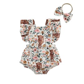 Karuedoo Western Baby Girl Clothes Cow Print Romper Ruffle Sleeveless Jumpsuit Bodysuit Headband Infant Cowgirl Outfit (Pink, 12-18 Months)