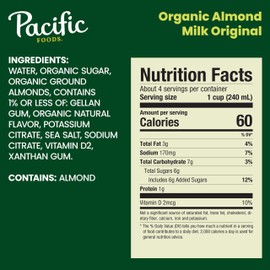 Pacific Foods Original Organic Almond Milk, Plant Based Milk, 32 oz Carton