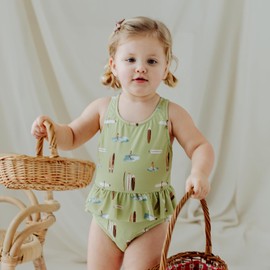 Milkbarn Baby Girl One-Piece Swimsuit UPF50+ Sun Protection, Sleeveless Ruffled Bathing Suit, Toddler Swimwear for Summer Beach Pool, Coastal Crab, 18-24M