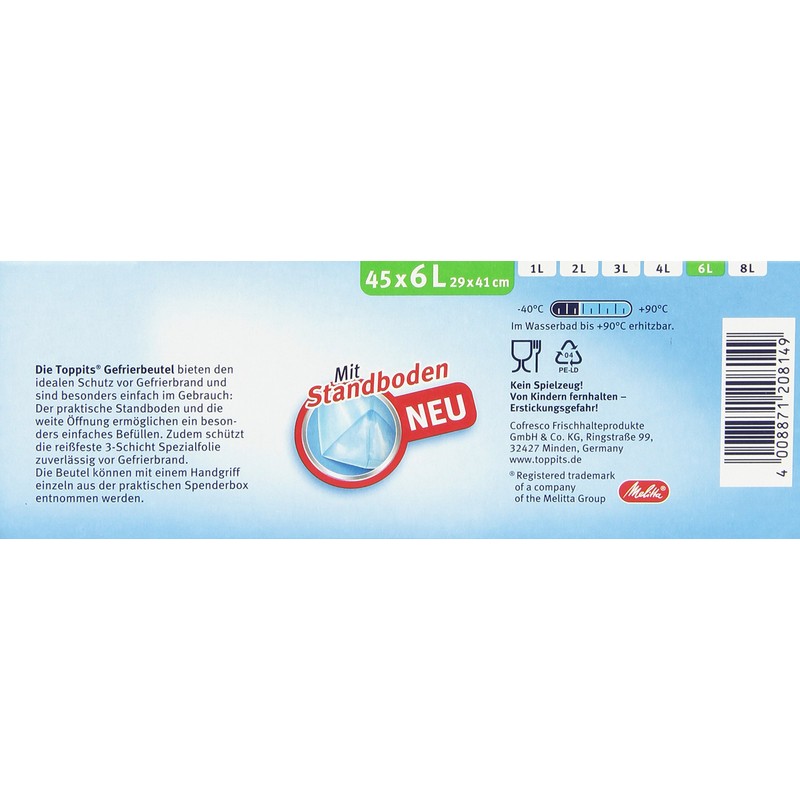 Toppits 45 x Clear Freezer Bags 6 Litre Stand Base