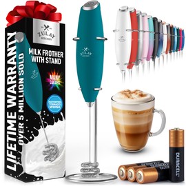 Zulay Kitchen Tornado Whisk Milk Frother with 4 AA Duracell Batteries - Triple Whisk for More Power - Handheld Coffee Frother with Stand - Drink Mixer for Lattes, Matcha & Protein Shakes