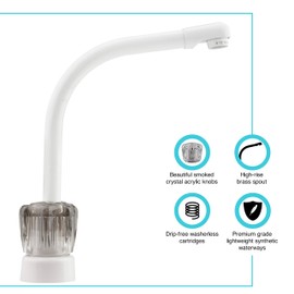 Dura Faucet DF-PK210S-WT Hi-Rise RV Kitchen Sink Faucet with Smoked Acrylic Knobs (White)
