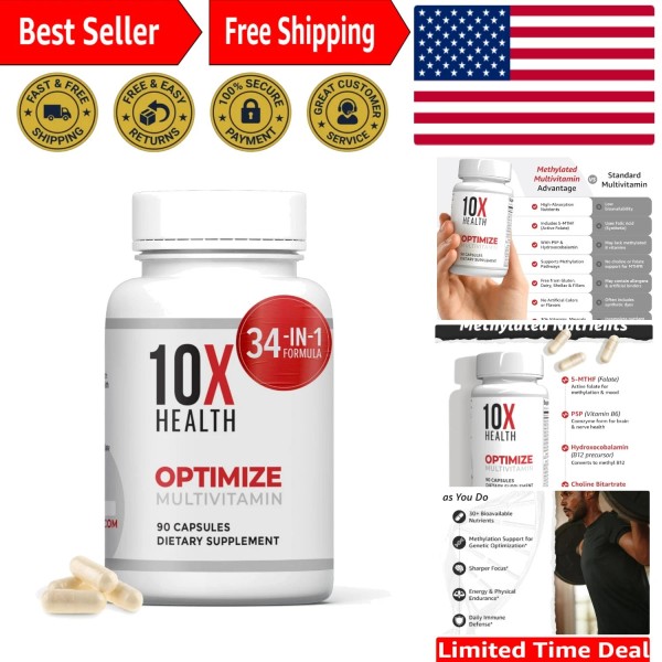 10X Health Optimize Methylated Multivitamin 90 Capsules, 07/26 Exp