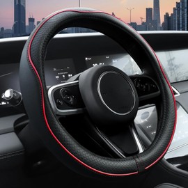 Ouzorp Cubierta duradera de piel para volante de coche, rojo
