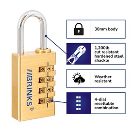 BRINKS - 30mm Solid Brass 4-Dial Resettable Padlock - Chrome Plated with Hardened Steel Shackle, 2 Pack