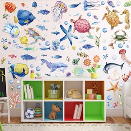 Alnicov 104 Colorful Under the Sea Fish Jellyfish Wall Decor Removable Ocean Theme Wall Stickers for Bedroom Living Room Office