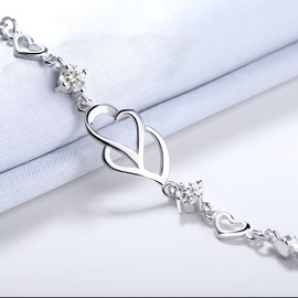 Hinvan 925 Sterling Silver Bracelet Silver Heart Bracelet Shiny Crystal Diamond Adjustable Bracelet 925 Silver Bracelets with Jewellery Box Bracelet for Women Girls