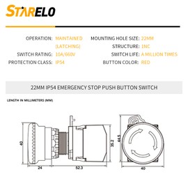 STARELO 22MM 1NC Red Mushroom Emergency Stop Latching Push Button Switch Normally Closed Safety Stop Switch 10A 660V IP54（LA38M-01ZS