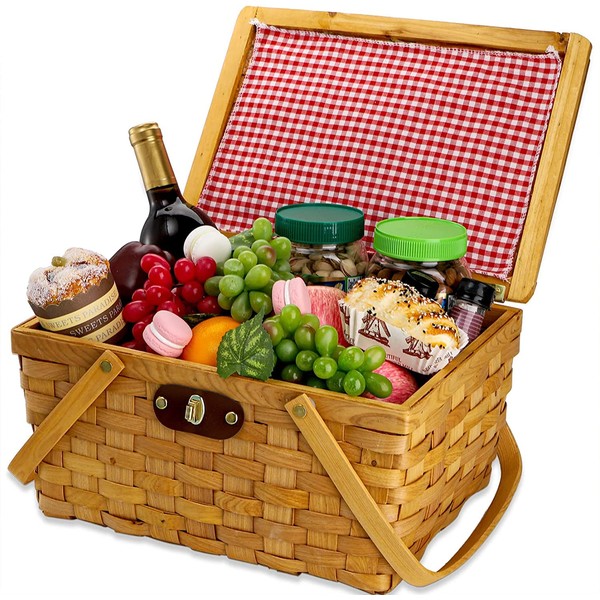 Yesland Picnic Basket with Double Folding Handles and Lid, Wood Chip Easter Basket with Gingham Pattern Lining, Organizer Blanket Storage for Egg Gathering Wedding Candy Gift Toy(35 x 25 x 17.8 cm)