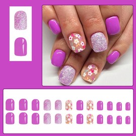 24 Pcs Spring Press on Nails Short Square - ZIFANHU Purple Fake Nails Press ons French Nail Tips Glue on Nails Full Cover Acrylic Glitter False Nails with Small Flower Design for Women Girls