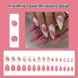 ANDGING Pink White Press on Nails Almond Short Medium Fake Nails with Flower Rhinestone Designs Acrylic Glue on Nails for Women Gel Pressons Nails Manicure Stick on Nails for Wedding False Nails