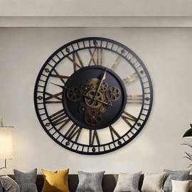 Stbvuxk 24 Inch Large Digital Wall Clock with Real Moving Gears-Round Silent Vintage Industrial Metal Farmhouse Clock for Bedroom, Battery Operated, Roman Numeral, Golden