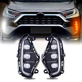 Turvysen LED Daytime Running Lights Compatible with Toyota RAV4 2019-2024, Fog Lights Kit RAV4 Fog Lights Assembly Replace Amber Turn Signal Lamps, 3 Eyes RAV4 DRL Daylights with Bezel, 1 Pair