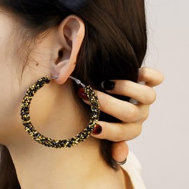 BETHYNAS Glitter Hoop Earrings with Crystal Rhinestone Wrapped Bohemian Sparkle Circle Round Dangle Earrings Bling Party Banquet Ear Jewelry for Women and Girls (Black Gold)