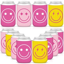 Tellingyou 12 Pack Preppy Pink Smile Face Can Cooler Beer Can Sleeves Bulk 12 oz Neoprene Insulator Cup Holder For Preppy Smile Bachelor y2k bridal weddings Birthday Party Gift Supplies Favors