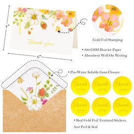Crisky Wildflower Thank Cards with Envelopes 50 Pack bulk 4x6 Inch Kraft envelopes Flower Greeting Cards with Envelopes For Baby Shower, Wedding, Bridal Shower, Graduation