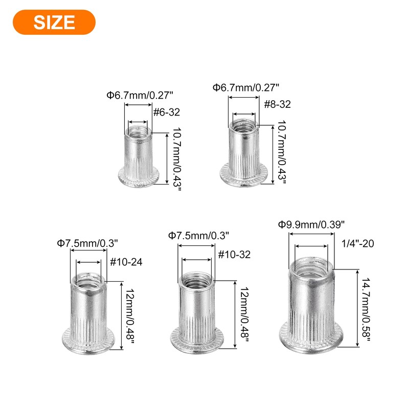 sourcing map 150Pcs Rivet Nuts, #6-32, #8-32, #10-24, #10-32, 1/4"-20