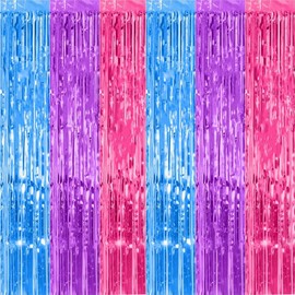 SINGOMON 4 Packs Mermaid Birthday Decorations Blue Purple Red Tinsel Foil Fringe Curtain 3.2x8.2 ft Metallic Tinsel Backdrop for Mermaid Party Decorations Bridal Shower Decorations