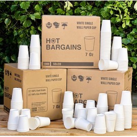 HOT BARGAINS, 100 X 7oz Single Wall Paper Cups for Hot & Cold Drinks Premium Disposable Coffee/Tea Paper Cups Perfect for Your Home, Café, Work, Parties or Outdoors.