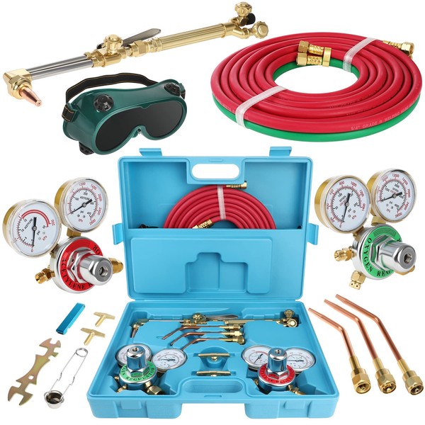 Cutting Welding Torch Kit Oxygen & Acetylene Gas Portable Oxy Brazing Kit Professional Welder Tool Set With Two Hose, Regulator Gauges, Storage Case Blue