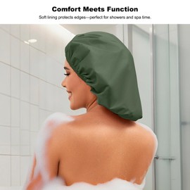 2PCS Shower Caps for Women, Reusable Waterproof Shower Cap with Elastic Band, Large Single Layer Shower Bonnet for Braids, Long Hair, Pink and Green
