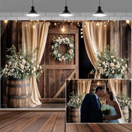 10X8ft Wooden Wedding Backdrop Banner Vintage Country Floral Barn Door Anniversary Photography Backdrops Western Rustic Plank Birthday Party Baby Shower Party Photographic Studio Photo Backgrounds